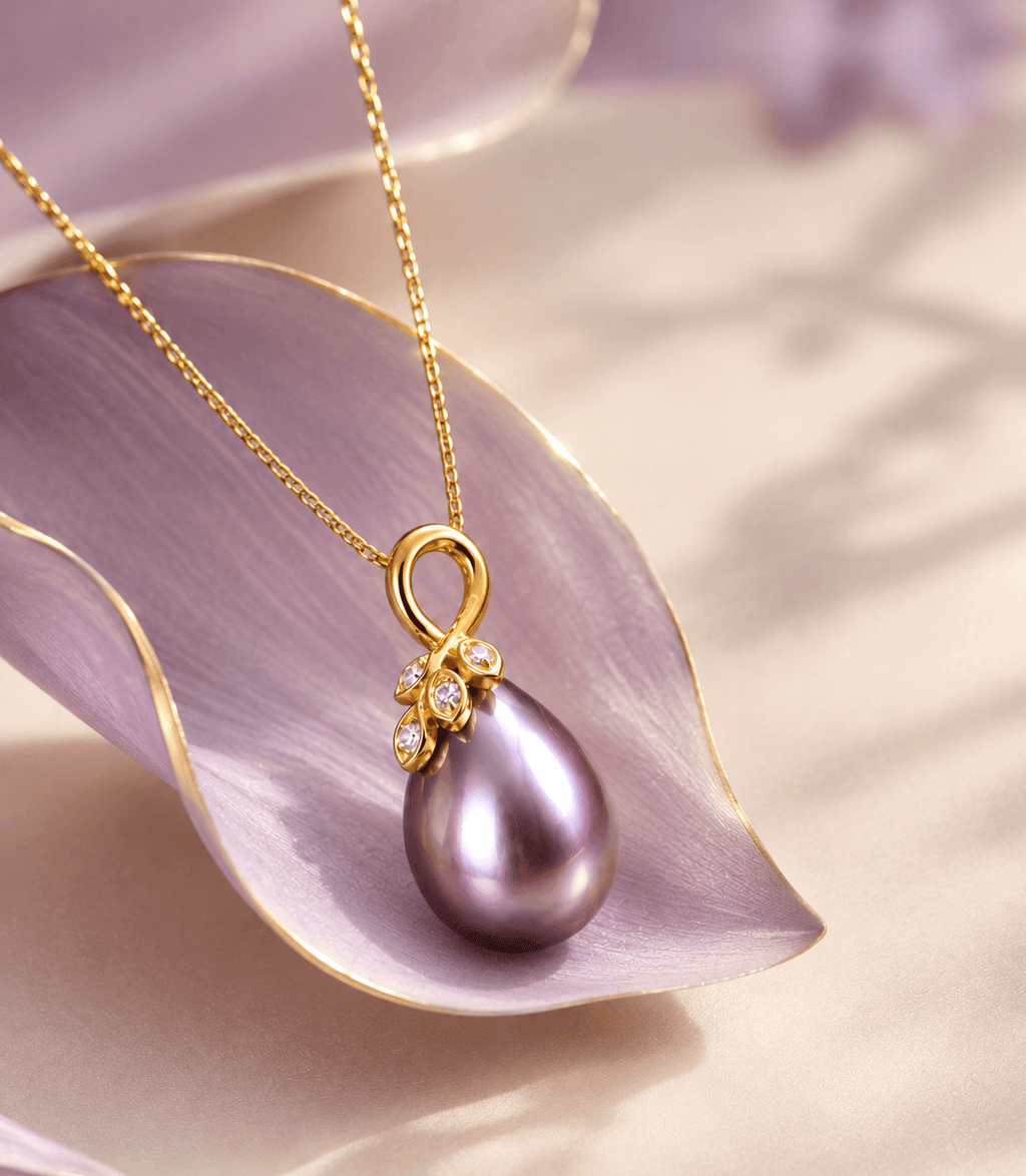 Eggplant Purple Pear Freshwater Cultured Pearl Pendant Necklace in 14K Yellow Gold by AME Jewellery.