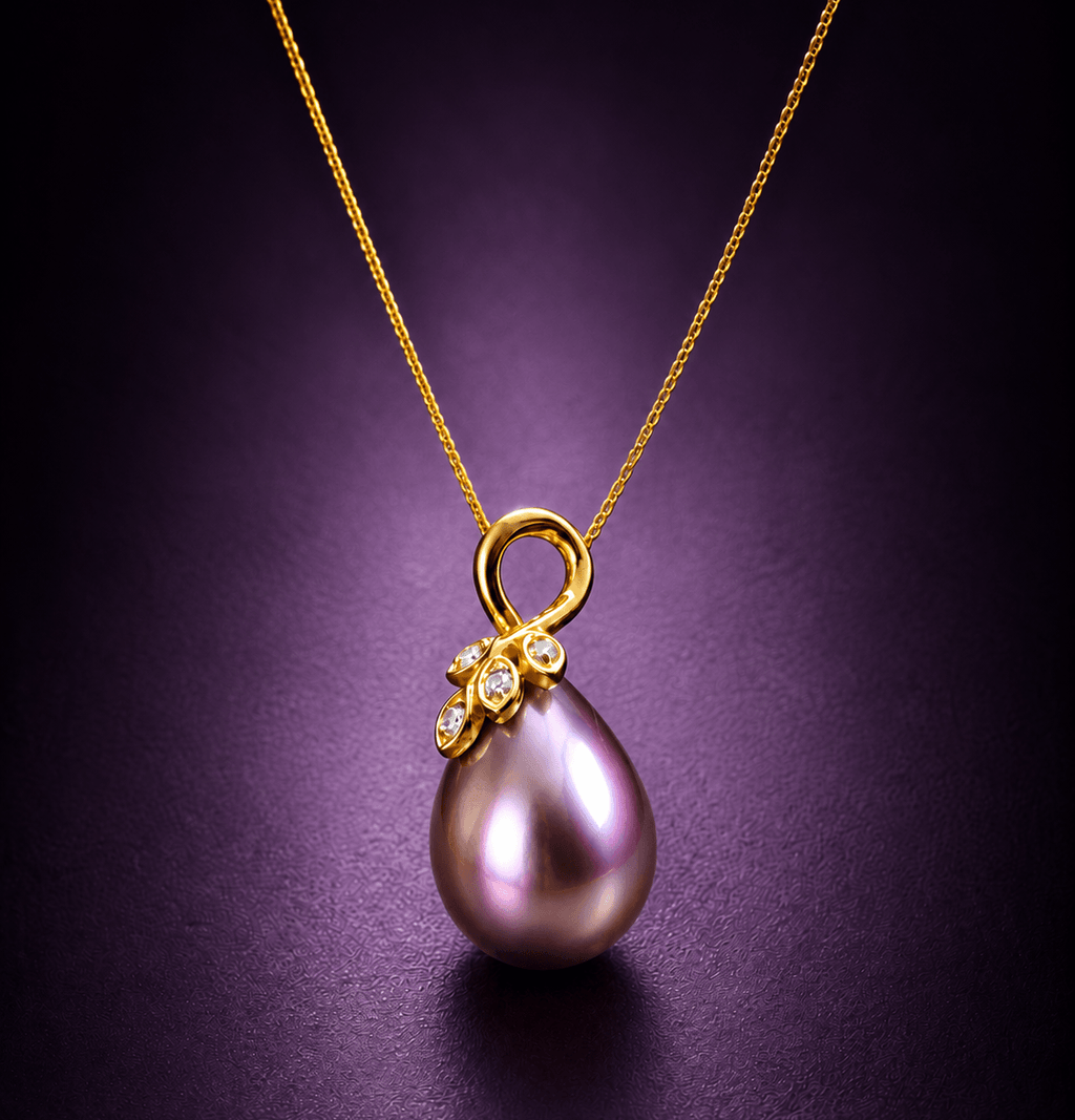 Eggplant Purple Pear Freshwater Cultured Pearl Pendant Necklace in 14K Yellow Gold by AME Jewellery.