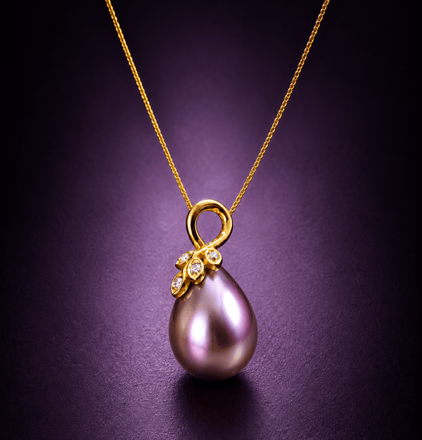 Eggplant Purple Pear Freshwater Cultured Pearl Pendant Necklace in 14K Yellow Gold by AME Jewellery.