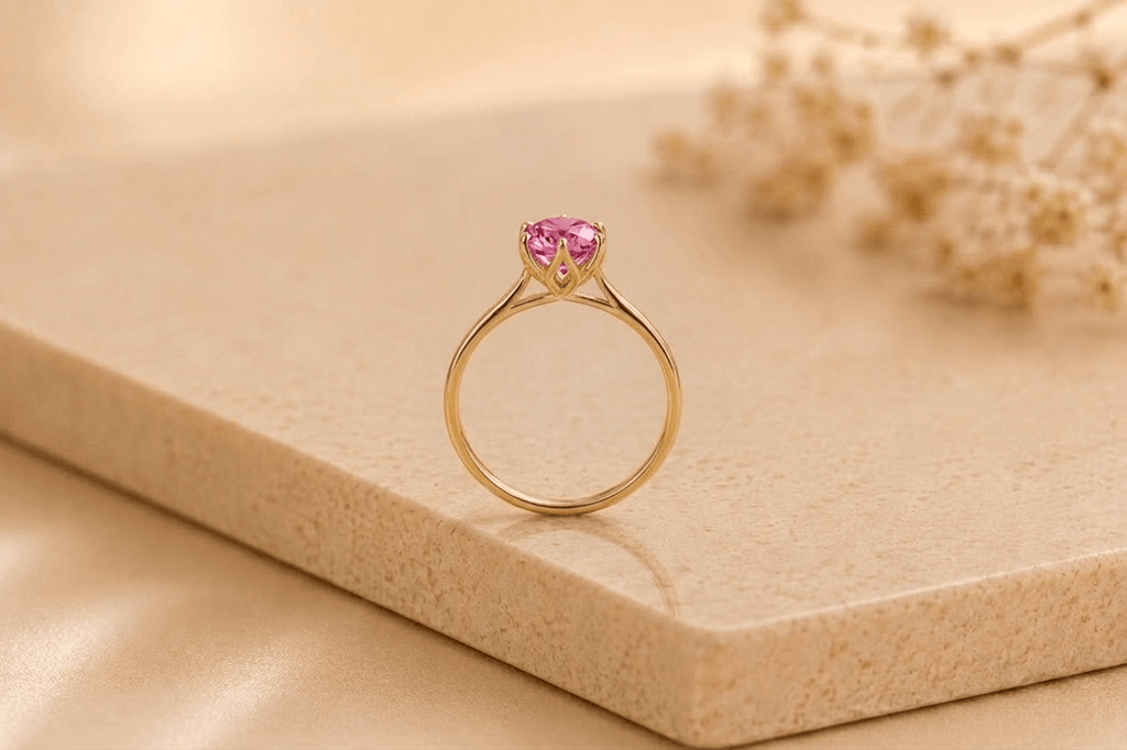 Bague 6 griffes en or jaune 14K et topaze rose naturelle - AME Jewellery.