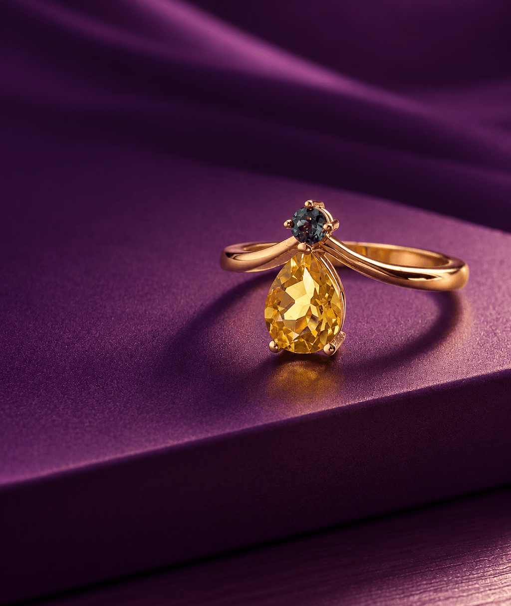 Bague Citrine poire & Topaze bleue naturelle en or rose 14K - AME Jewellery.