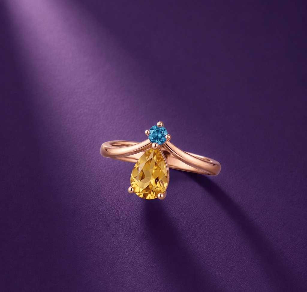 Bague Citrine poire & Topaze bleue naturelle en or rose 14K - AME Jewellery.