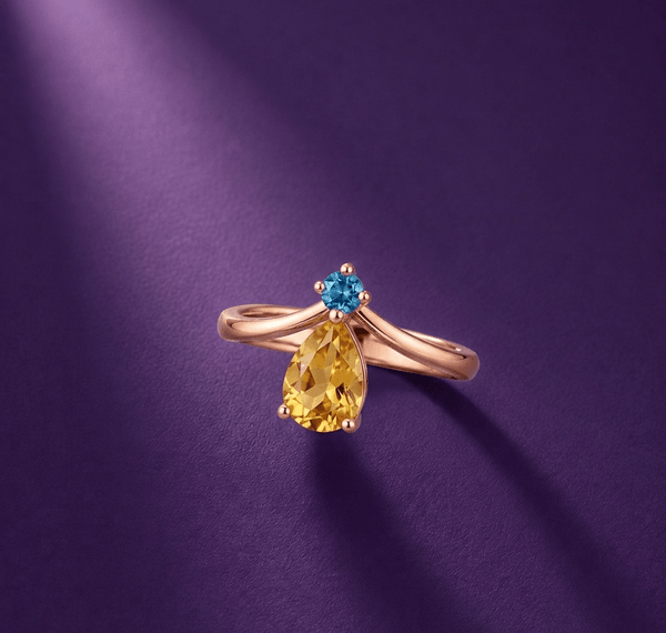 Bague Citrine poire & Topaze bleue naturelle en or rose 14K - AME Jewellery.