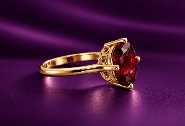 Bague femme en grenat rouge naturel taille ovale en or jaune 14K par AME Jewellery. 