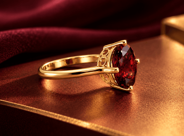 Bague femme en grenat rouge naturel taille ovale en or jaune 14K par AME Jewellery. 