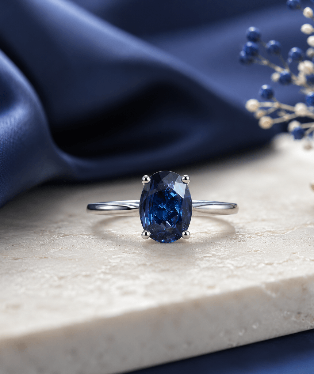 Bague en or blanc 10K avec saphir bleu ovale naturel par AME Jewellery. 