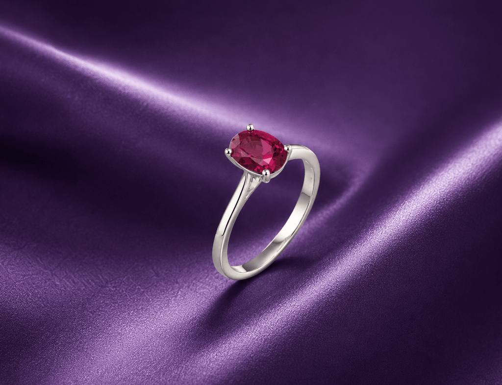 Bague en or blanc 10K et rubis naturel taille ovale rouge pourpre - AME Jewellery.