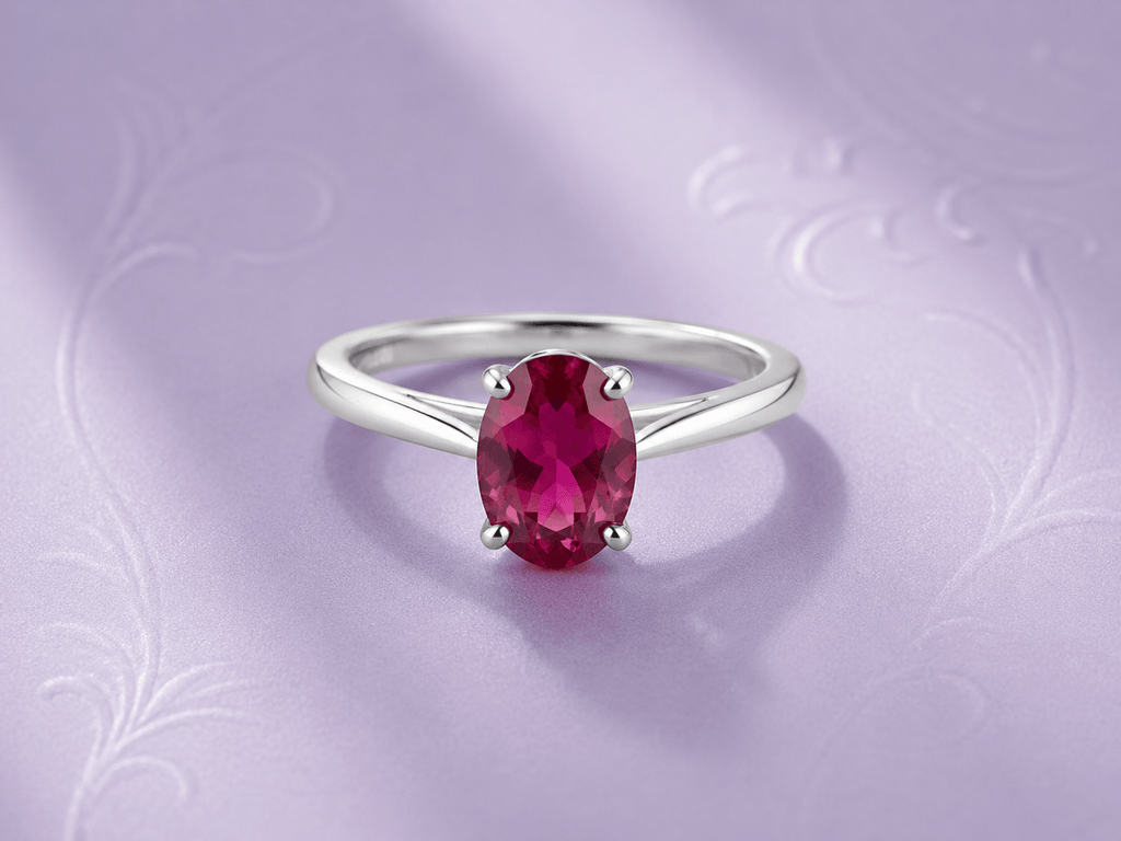 Bague en or blanc 10K et rubis naturel taille ovale rouge pourpre - AME Jewellery. 