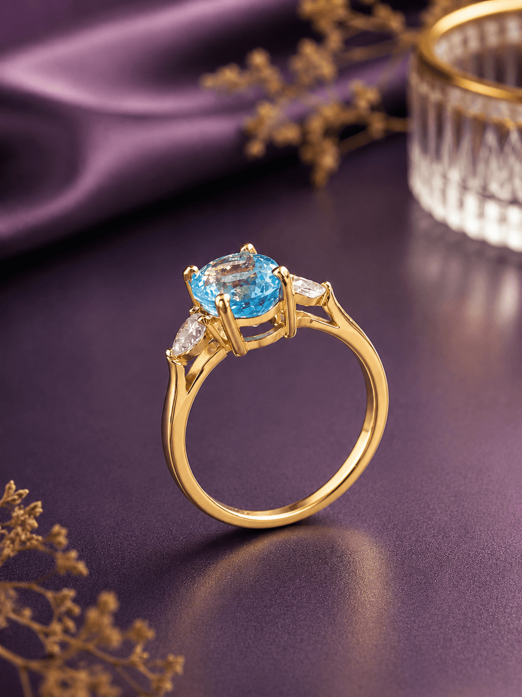 Bague en or jaune 14K et topaze bleue naturelle taille ovale - AME Jewellery.