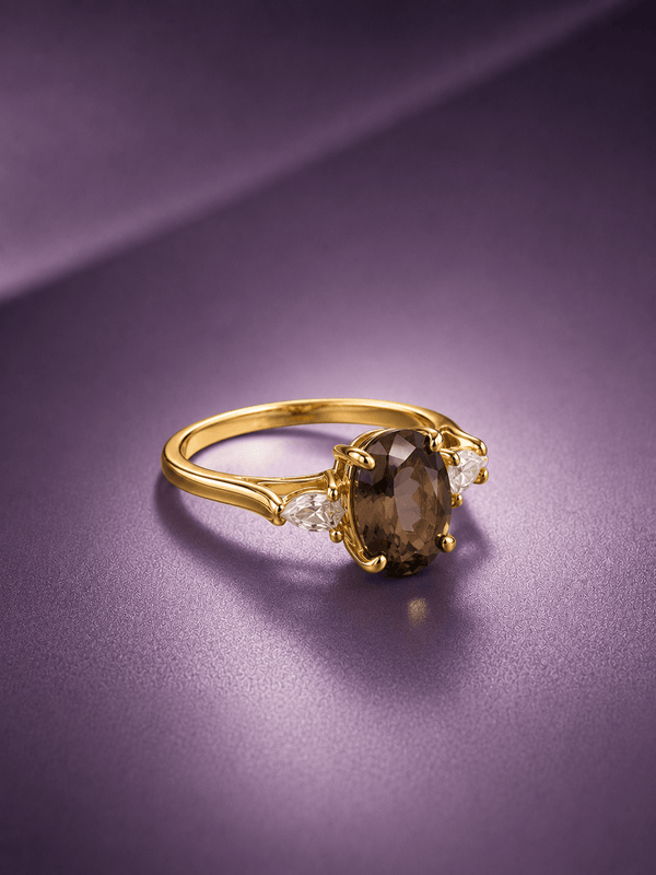 Bague en or jaune 14K avec quartz fumé naturel en forme d'ovale par AME Jewellery
