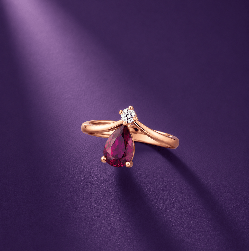 Bague en or rose 14K avec rubis taille poire et diamant naturel - AME Jewellery.