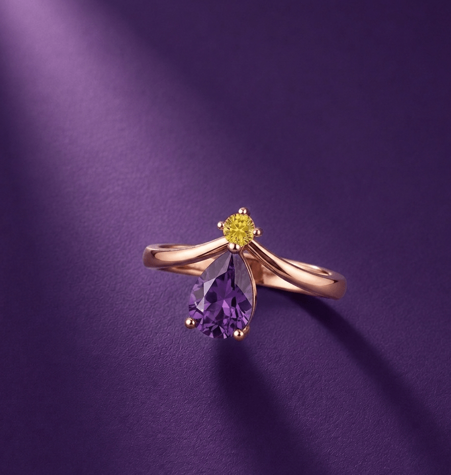 Bague en or rose 14K et améthyste taille en poire et saphir jaune - AME Jewellery.