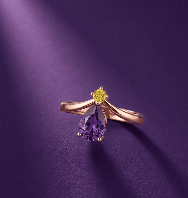 Bague en or rose 14K et améthyste taille en poire et saphir jaune - AME Jewellery.