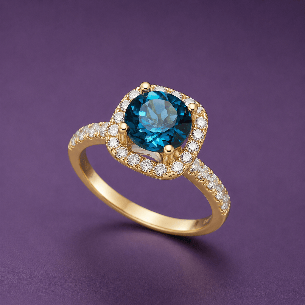 Bague halo-carré en or jaune 14K et topaze bleue de Londres naturelle – AME Jewellery.