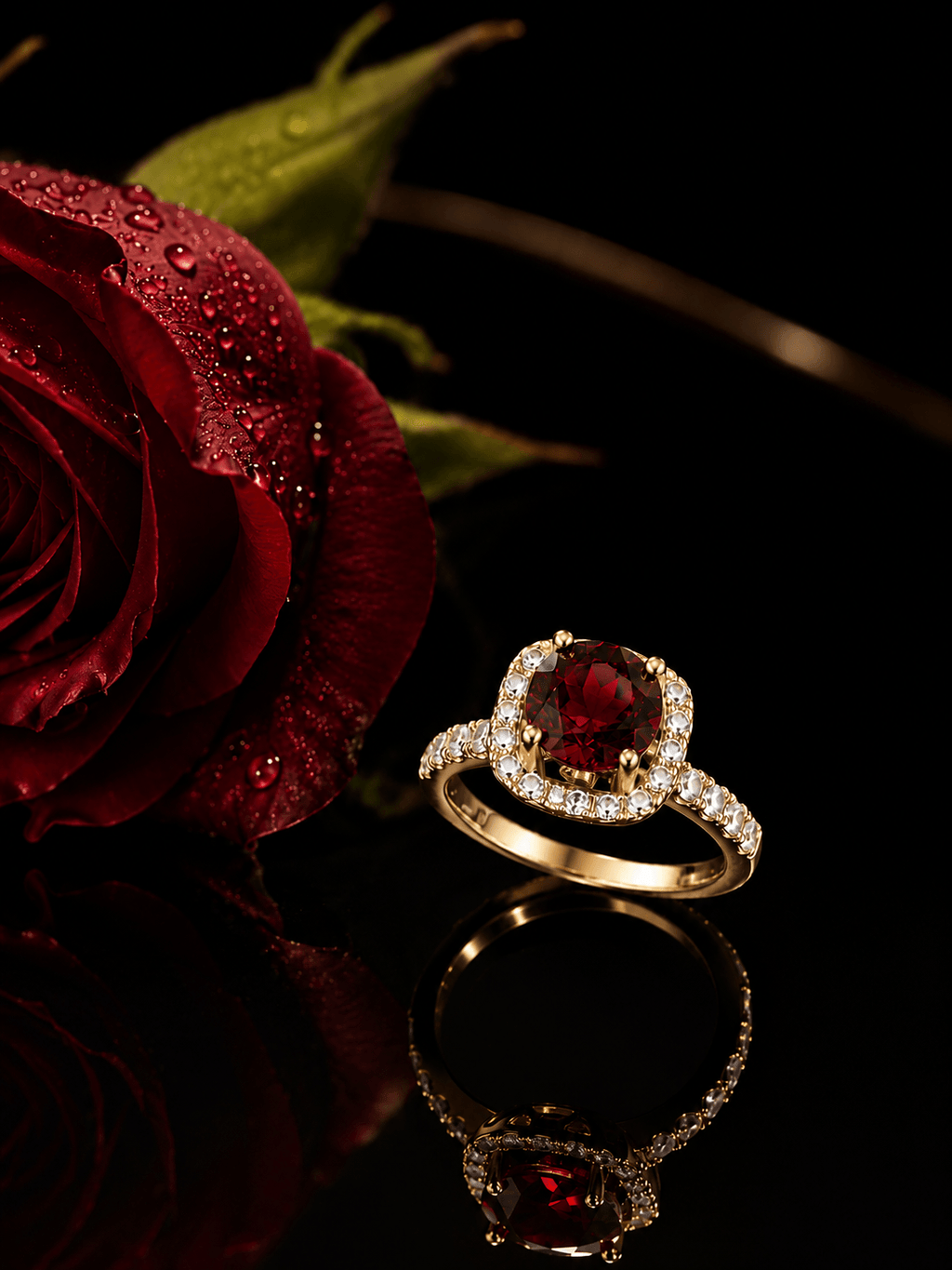 Bague halo carrée en grenat rouge naturel en or jaune 14K - AME Jewellery. 