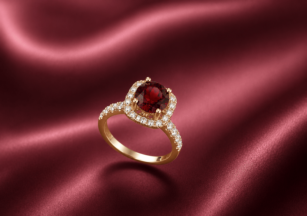 Bague halo carrée en grenat rouge naturel en or jaune 14K - AME Jewellery.