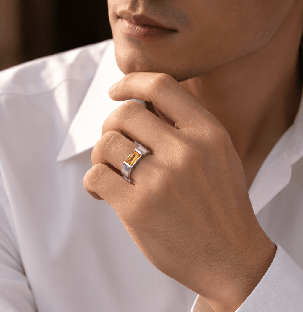 Bague homme en citrine taillée baguette 6x4mm en argent sterling - AME Jewellery