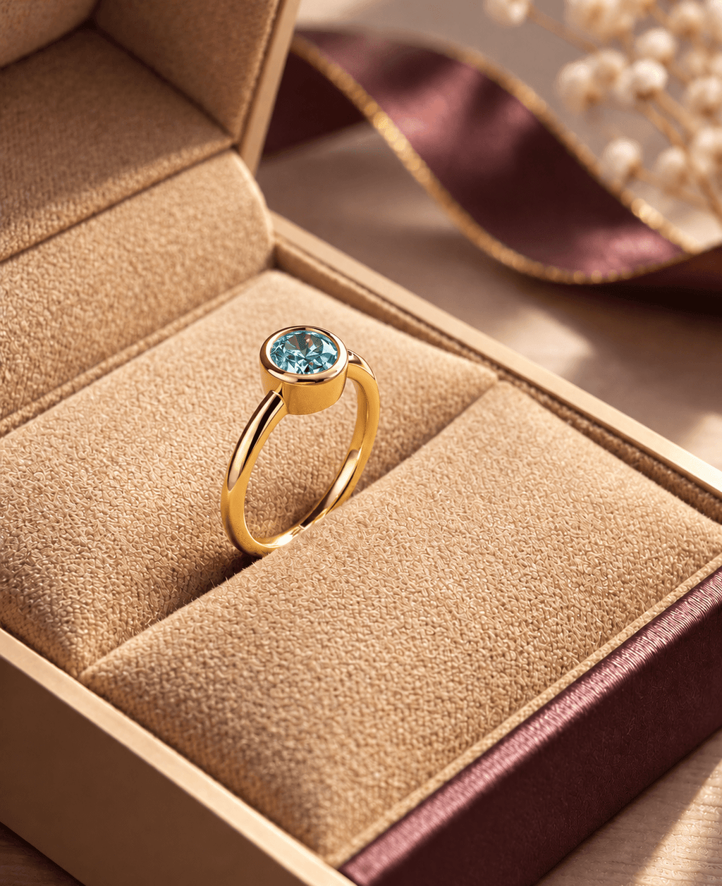 Bague lunette en or jaune 14 carats avec zircon bleu naturel par AME Jewellery. 