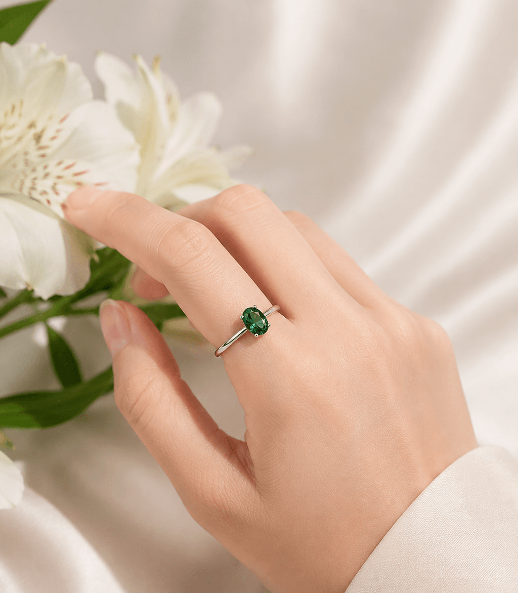 Bague tourmaline verte taille ovale naturelle en or blanc 10K - AME Jewellery
