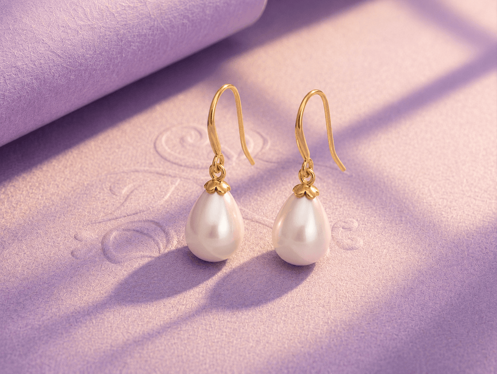 Boucles d'oreilles pendantes en or jaune 14K avec perles de culture d'eau douce en forme de poire par AME Jewellery