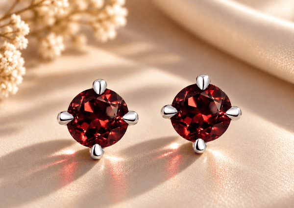 Boucles d'oreilles à 4 griffes en argent sterling et grenat rouge naturel - AME Jewellery. 