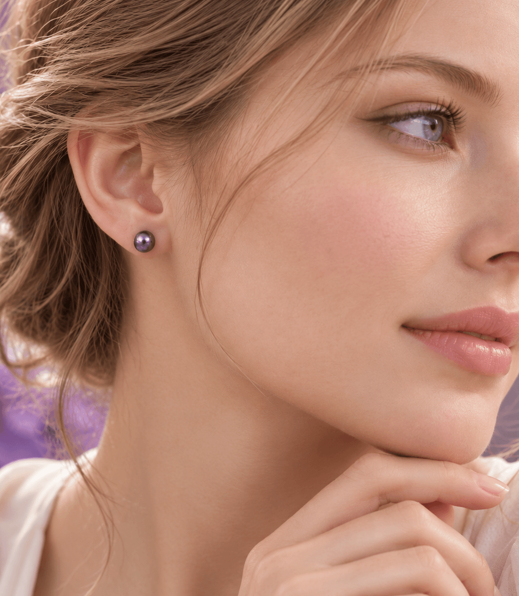 Boucles d’oreilles en perles de culture d’eau douce Aubergine, demi-rondes - AME Jewellery
