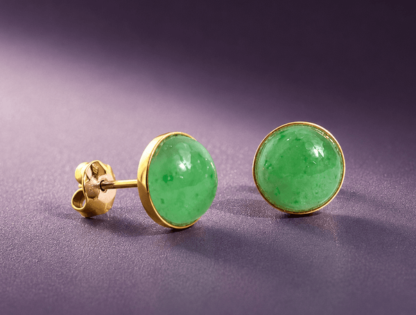 Boucles d'oreilles lunettes en or jaune 14 carats avec jade jadéite birmane, forme de demi-rondes par AME Jewellery.