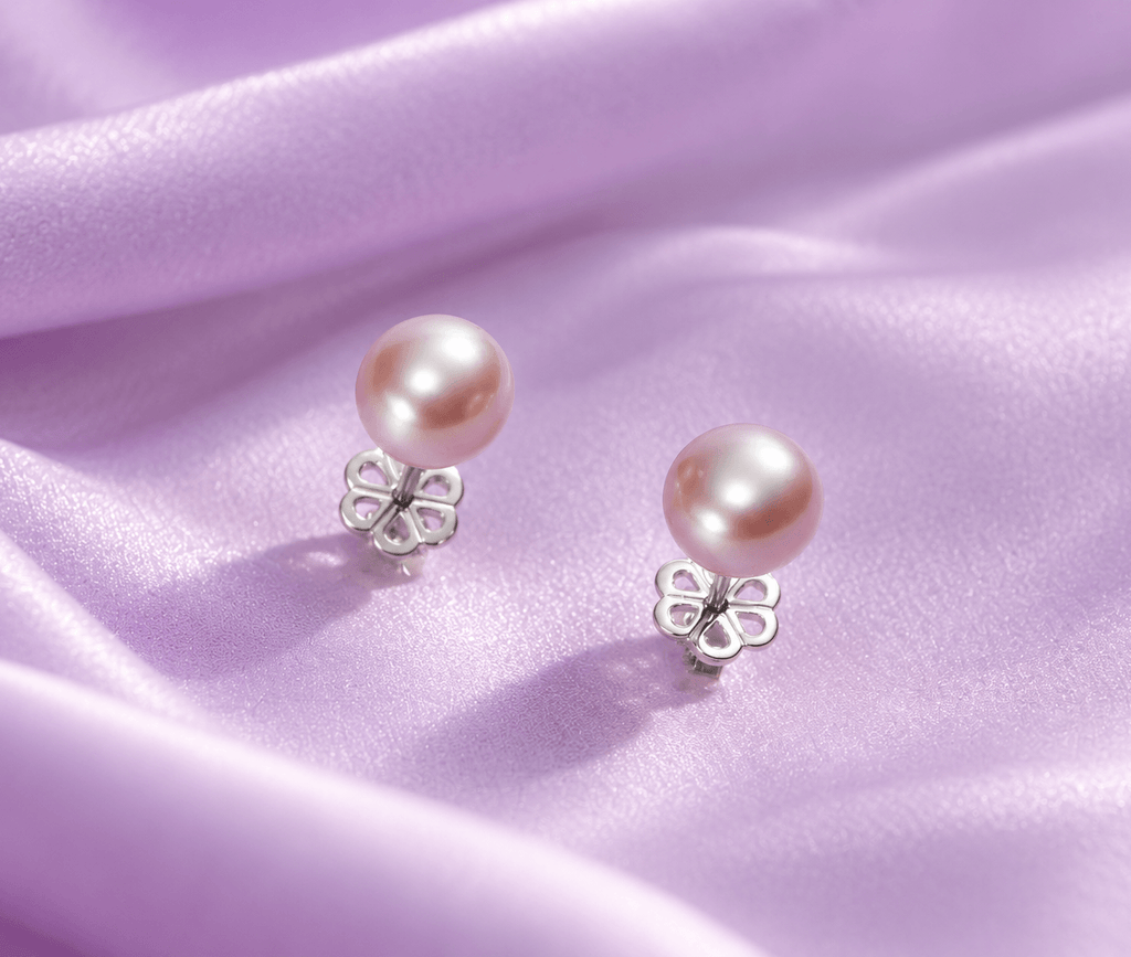 Button / Half-Round Lavender Freshwater Cultured Pearl Stud Earrings in Sterling Silver - AME Jewellery. 