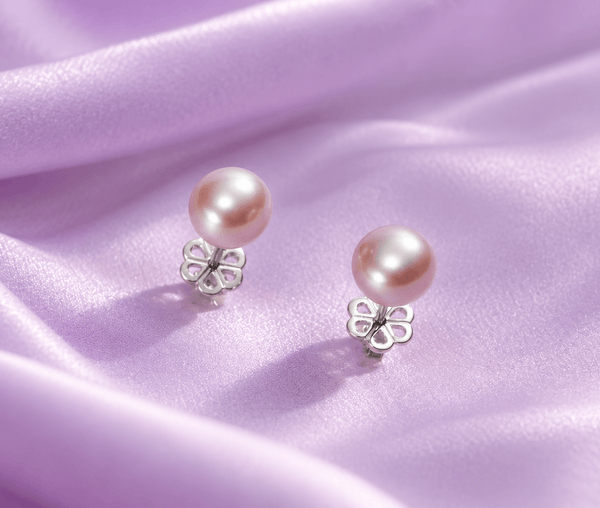 Button / Half-Round Lavender Freshwater Cultured Pearl Stud Earrings in Sterling Silver - AME Jewellery. 
