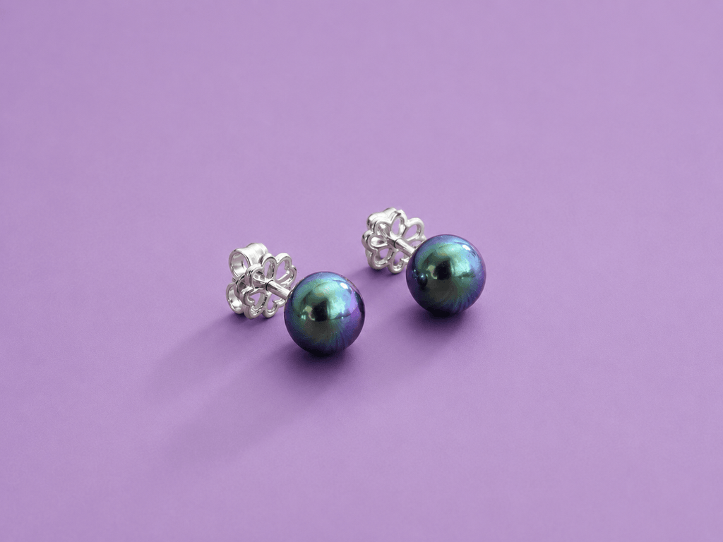 Button Peacock Green Freshwater Pearl Earrings in Sterling Silver - AME Jewellery