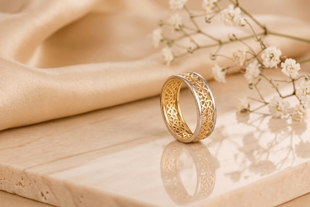 Cặp Nhẫn Cưới Vàng - Celtic Knot Wedding Rings in 14K White and Yellow Gold by AME Jewellery