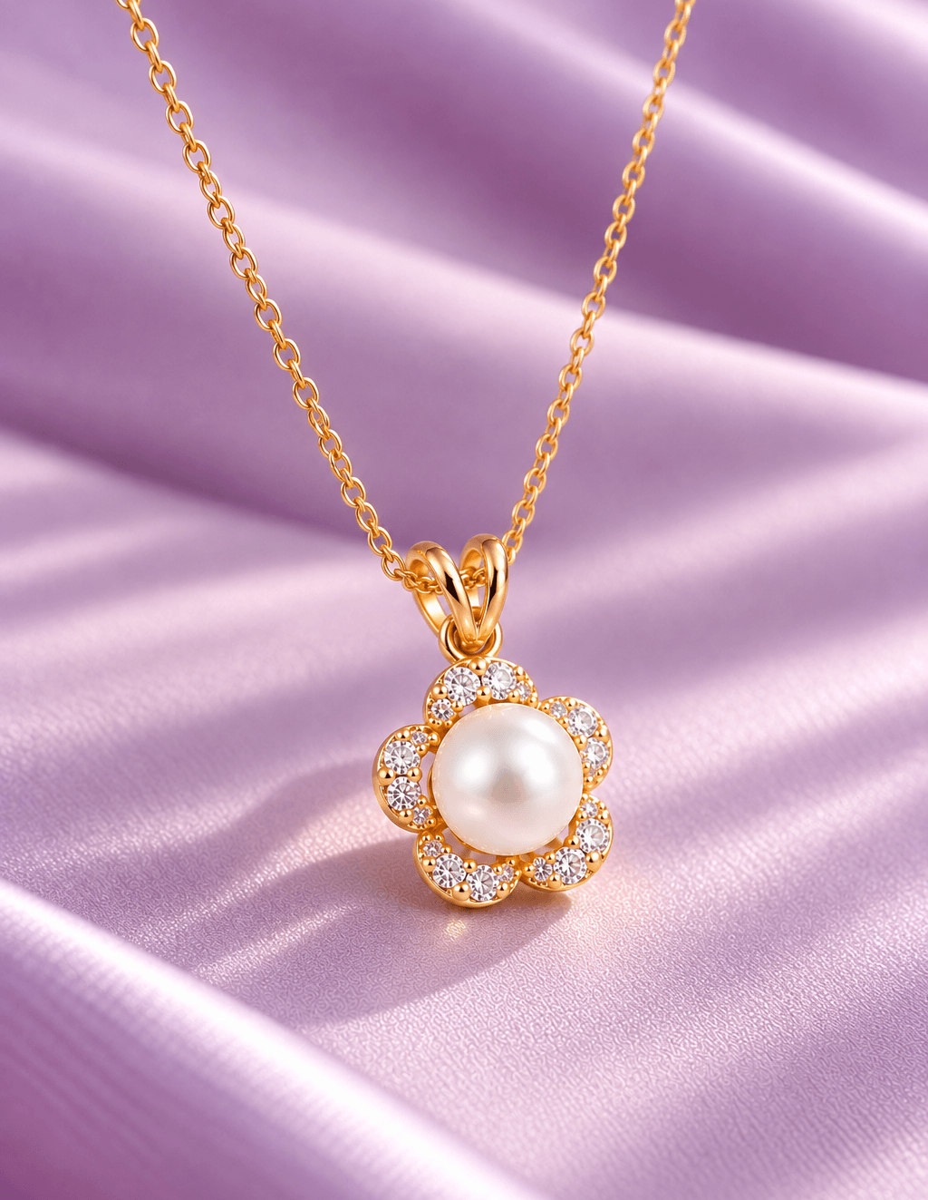 White Freshwater Pearl Apricot Blossom Flower Pendant Necklace in 14-karat Yellow Gold by AME Jewellery. 