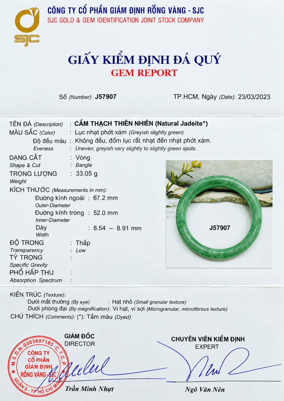 Burmese Jadeite Jade Bangle J57907 certìicate, from AME Jewellery.