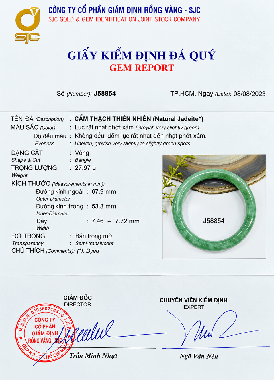 Burmese Jadeite Jade Bangle certificate, size 53.3 mm from AME Jewellery
