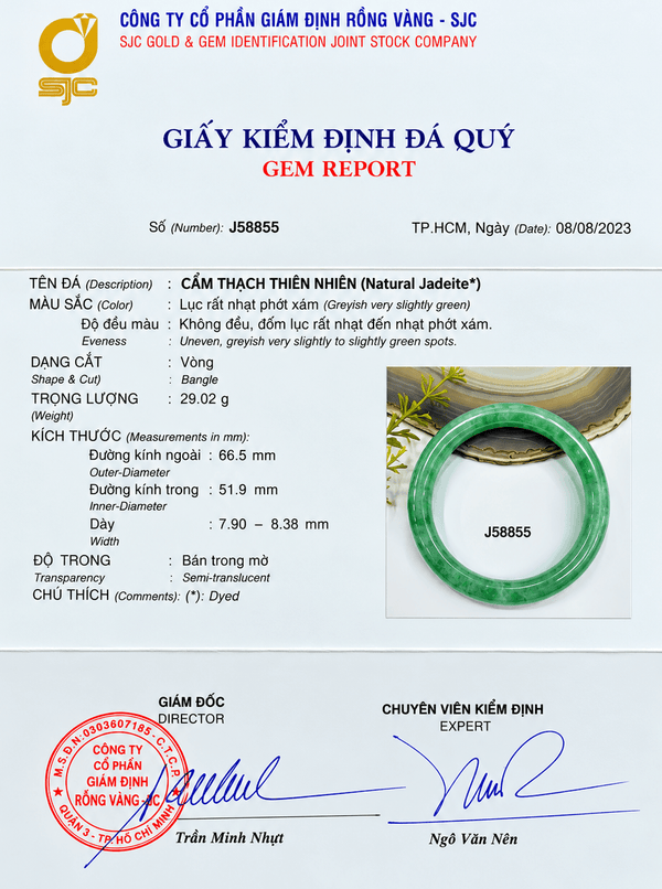 Natural Green Jadeite Jade Bangle certificate, size 51.9 mm - AME Jewellery 