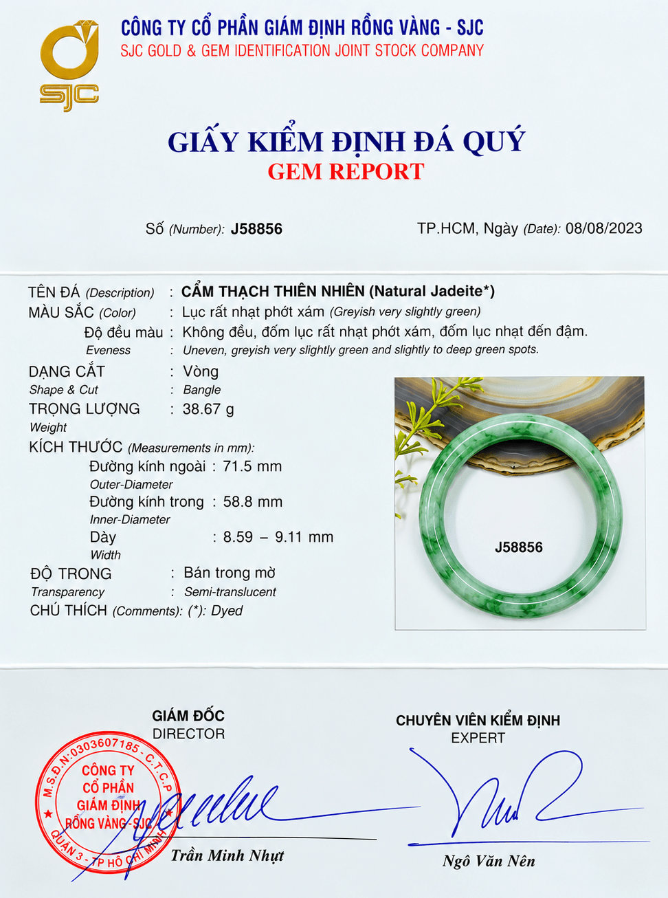 Burmese Jadeite Jade Bangle certificate, size 58.8 mm by AME Jewellery.