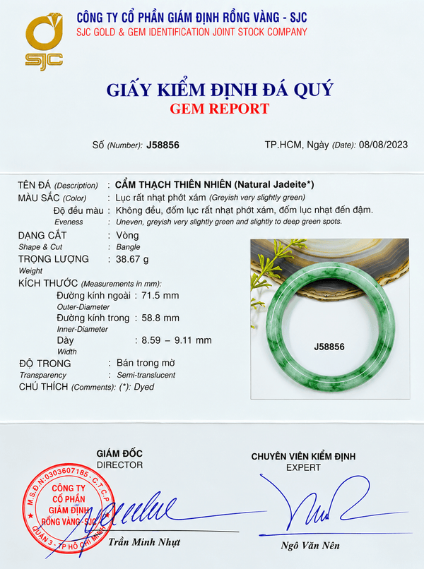 Natural Jadeite Jade Bangle certificate J58856 - AME Jewellery