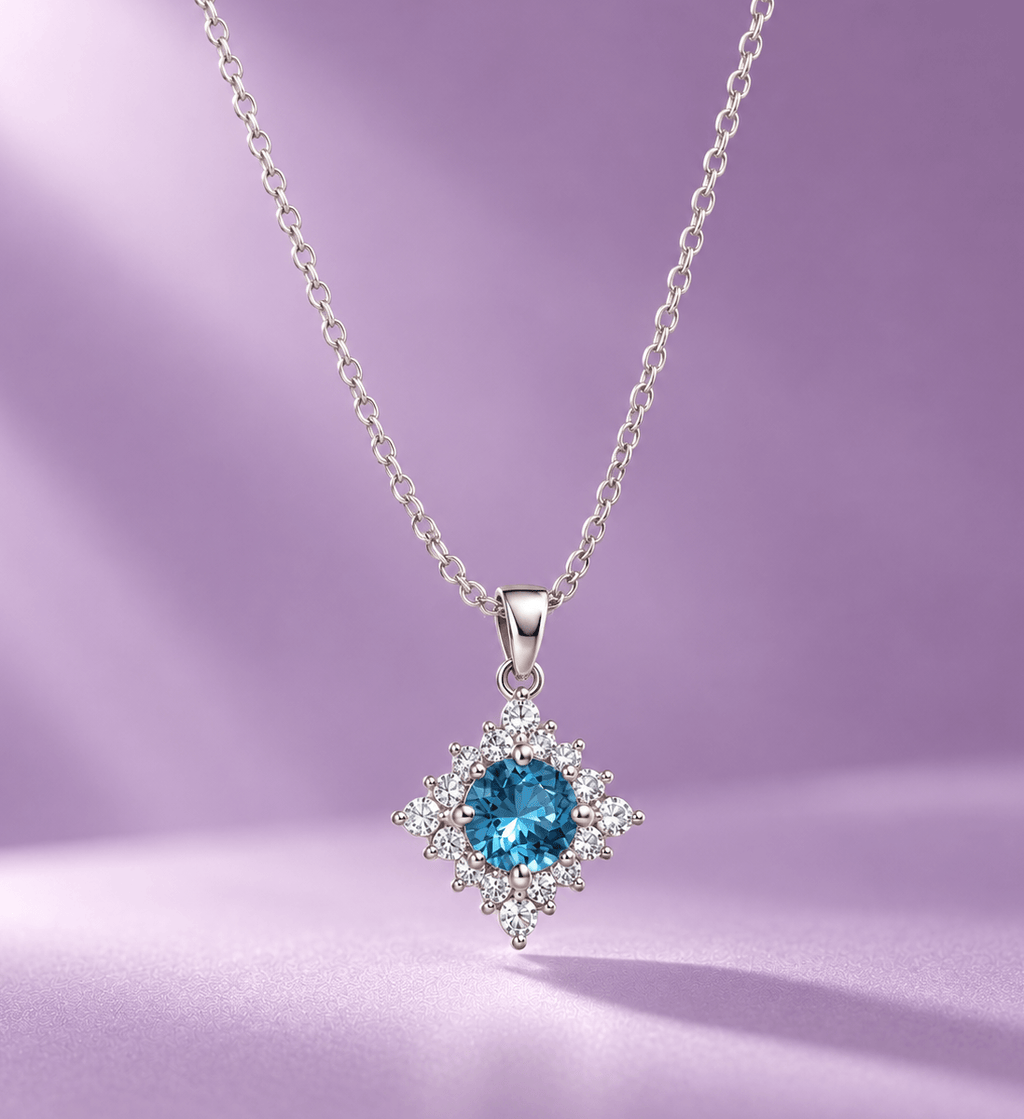 Natural Blue Topaz Halo Pendant in Sterling Silver - AME Jewellery