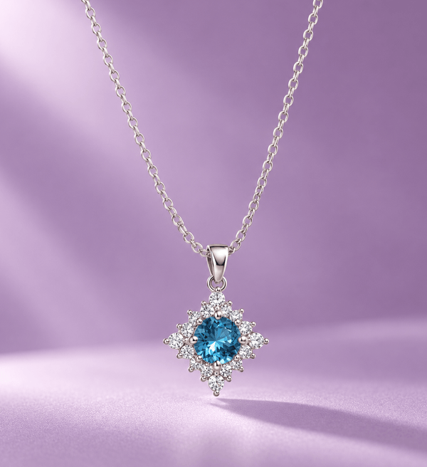 Natural Blue Topaz Halo Pendant in Sterling Silver - AME Jewellery