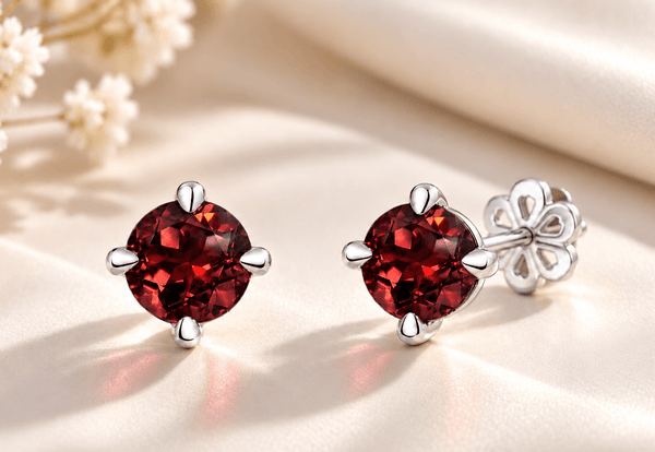Natural Red Garnet 4-prong Earrings in Sterling Silver by AME Jewellery. 