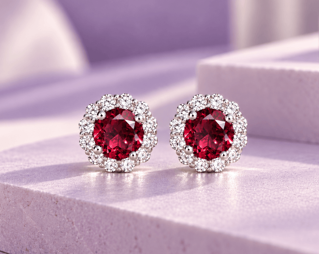 Natural Red Garnet Halo Earrings in Sterling Silver - AME Jewellery
