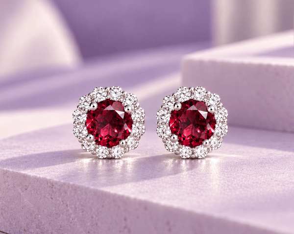 Natural Red Garnet Halo Earrings in Sterling Silver - AME Jewellery