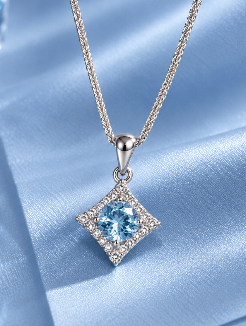 Natural Swiss Blue Topaz Parallelogram Pendant Necklace in Sterling Silver by AME Jewellery. 