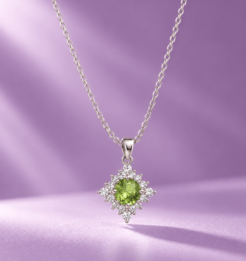 Natural Peridot Halo Pendant in Sterling Silver - AME Jewellery
