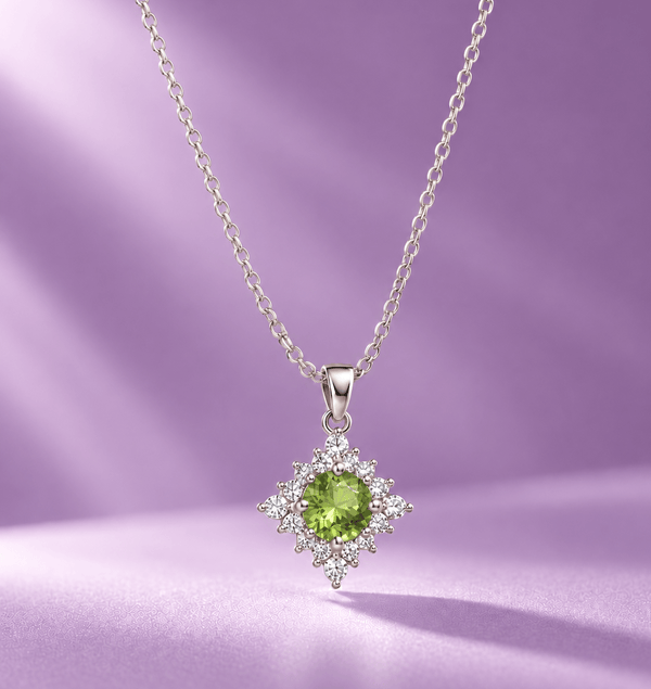 Natural Peridot Halo Pendant in Sterling Silver - AME Jewellery

