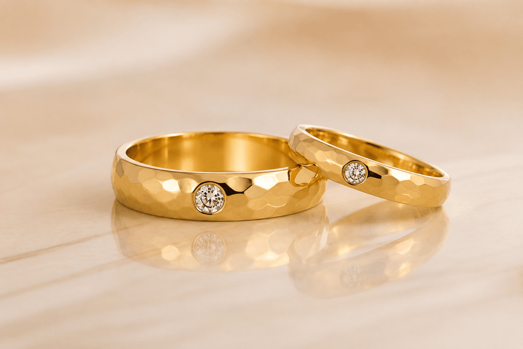 Celebrate your eternal love with the Natural Diamond Faceted Wedding Rings, expertly crafted in luxurious 18-karat yellow gold by AME Jewellery.