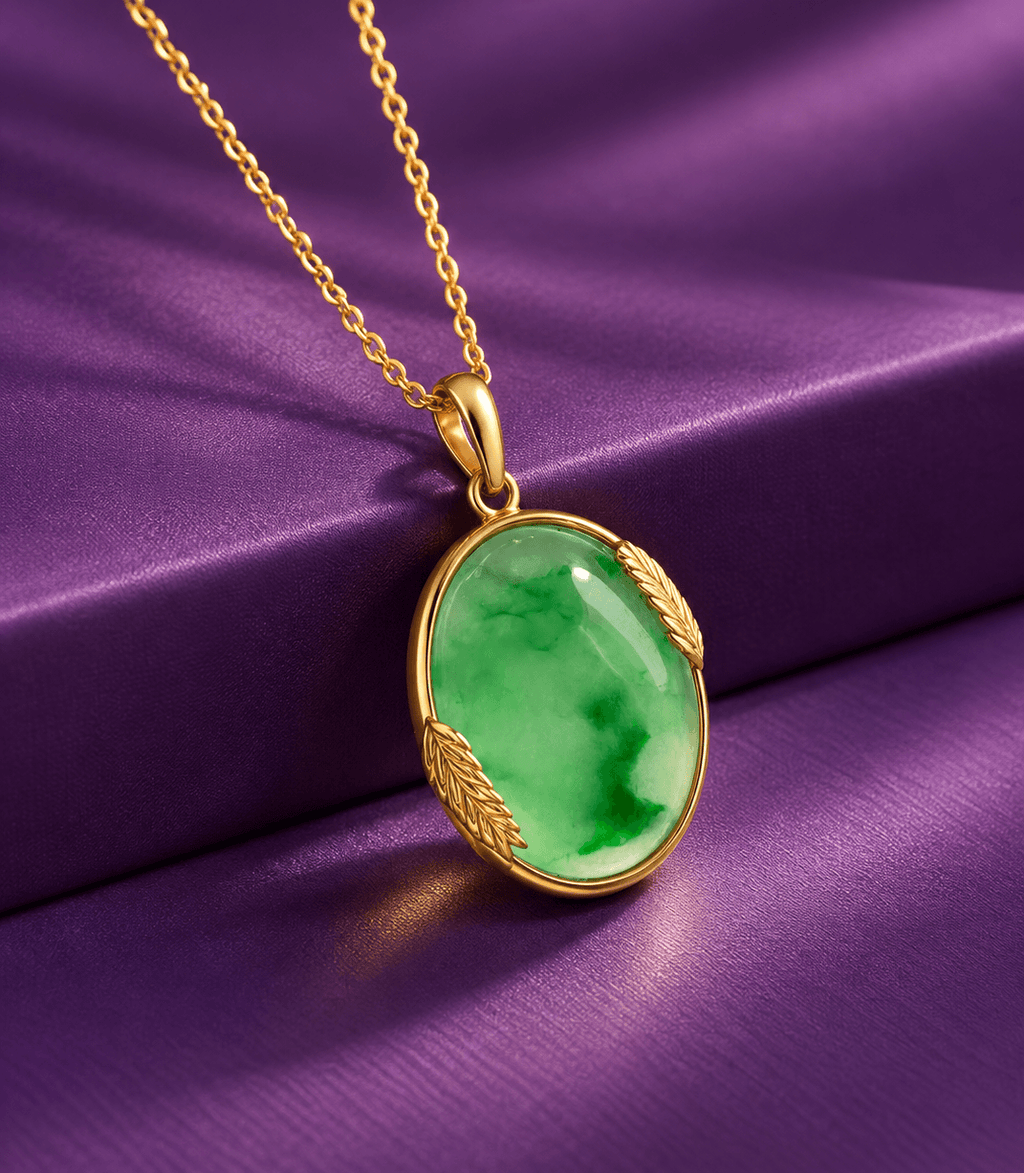 Pendentif Épi de Riz en Or jaune 14K avec jade jadéite birman forme de cabochon ovale par AME Jewellery.