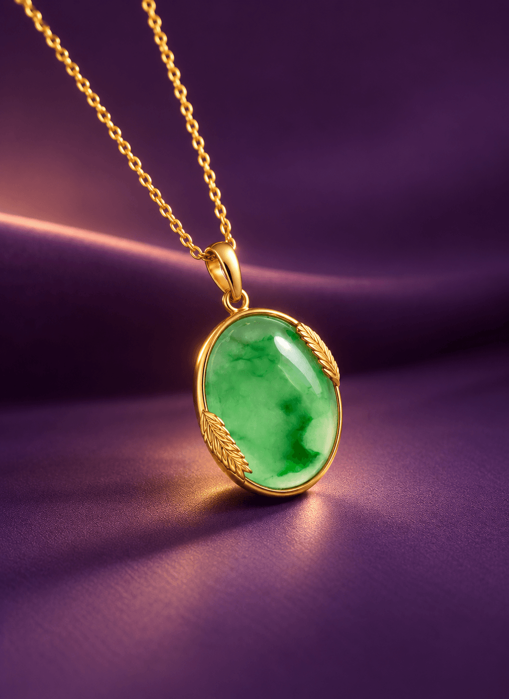 Pendentif Épi de Riz en Or jaune 14K avec jade jadéite birman forme de cabochon ovale par AME Jewellery.