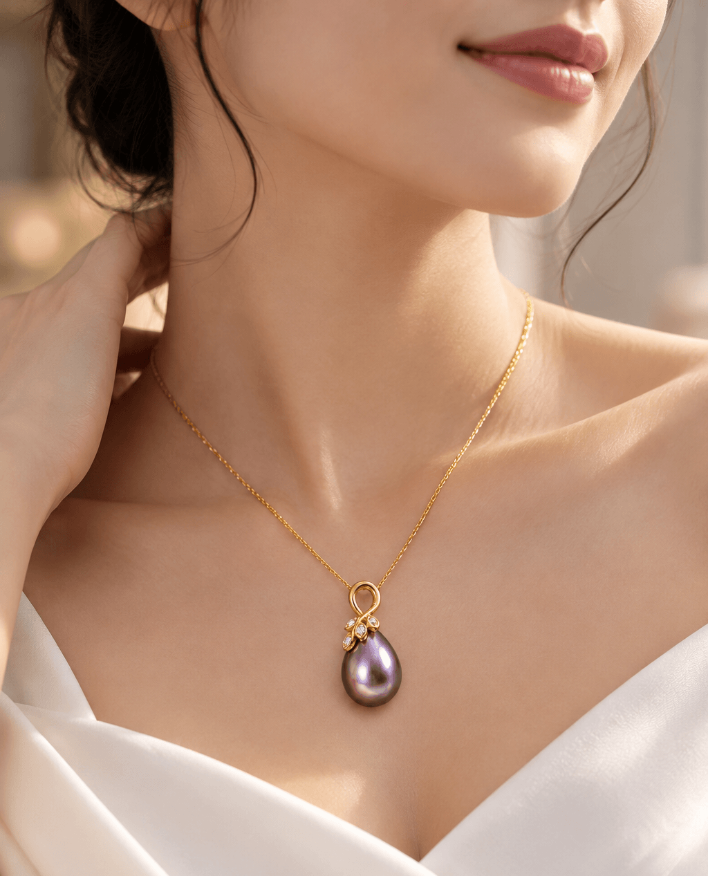 Collier pendentif en or jaune 14K avec perle de culture d'eau douce poire violette aubergine par AME Jewellery.