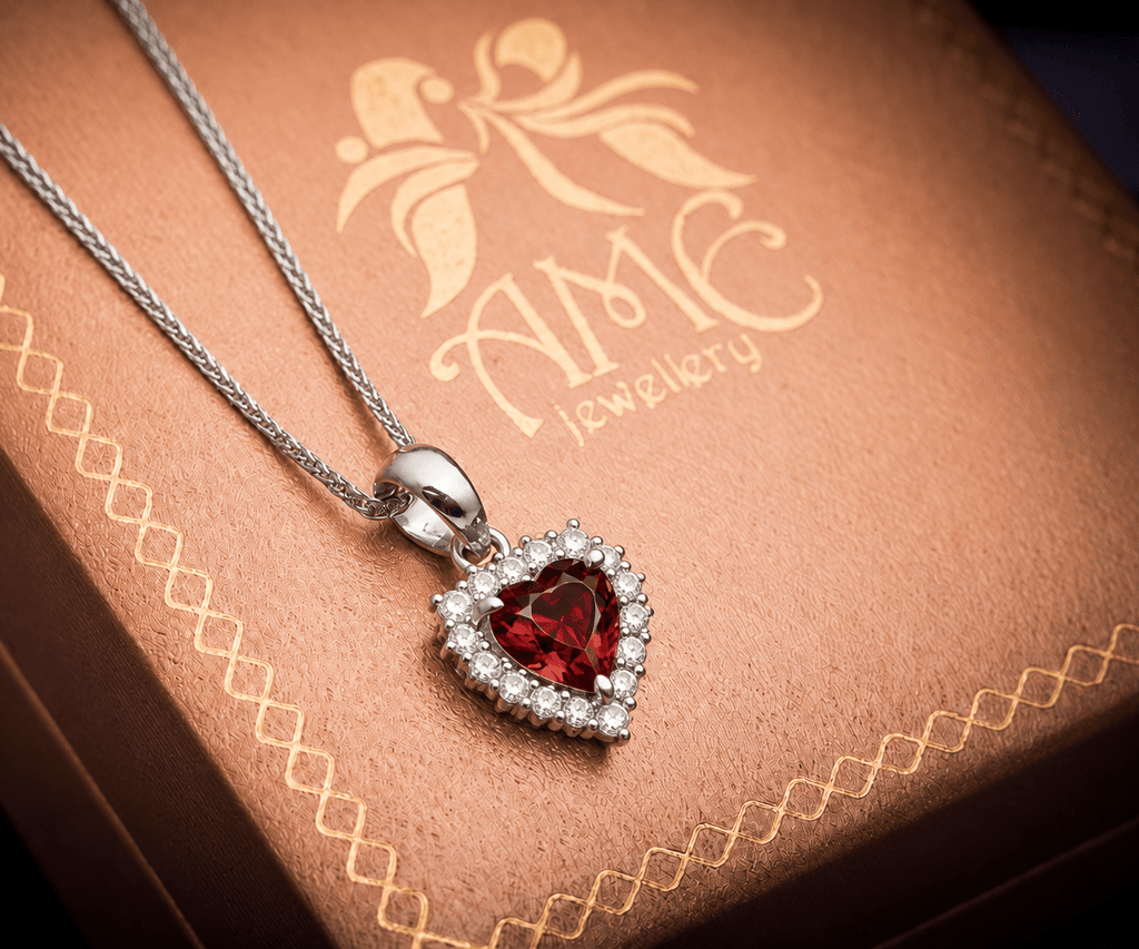 Pendentif en argent sterling et grenat rouge naturel taille cœur - AME Jewellery.
